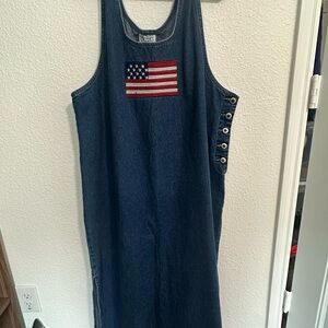 Vintage Carolina Blues Women’s Denim JumperDress 18W Flag Embroidery Cottagecore